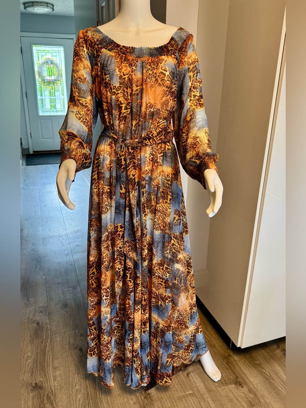 Boho Leopard Print Maxi Dress - Brown & Blue best for size Medium